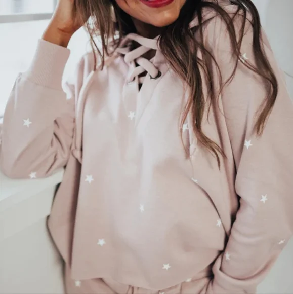 STORIA Stars Print Lace-Up Oversized Hoodie Mauve Pink Jacket - Picture 2 of 12